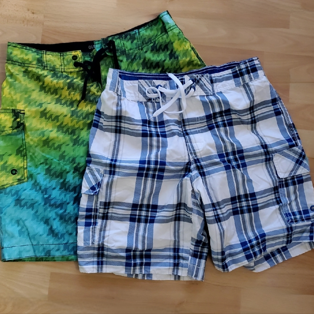 2 pr. Old Navy Men's blue plaid.  blue & green swim trunks